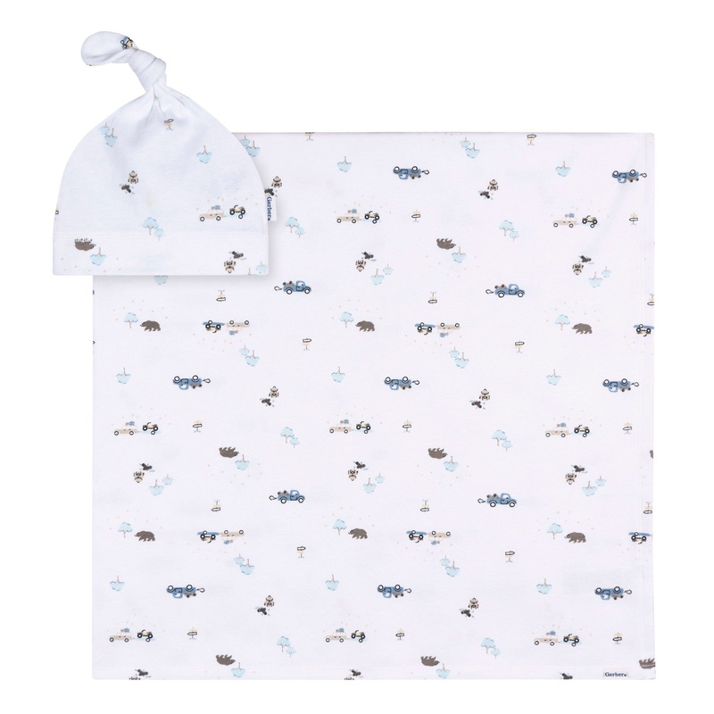 2-Piece Baby Boys Road Trip Swaddle and Cap Set