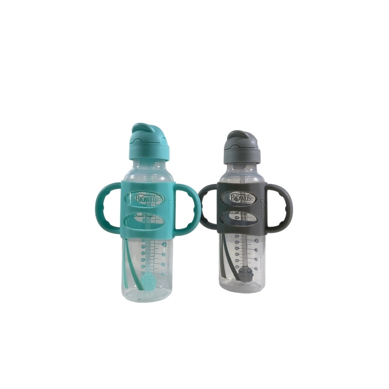 Dr. Brown’s Wide-Neck Sippy Bottles with Silicone Handles 2 Pack, 8oz, Light Blue and Gray, Straw