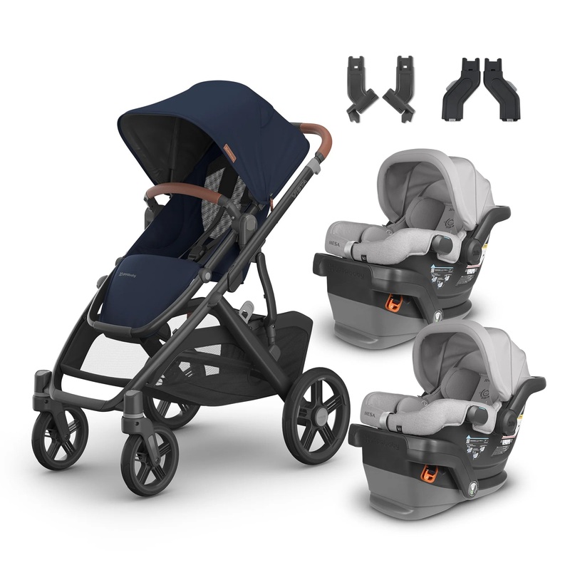 UPPAbaby Vista V3 From Birth Twin Mode Travel System (Stroller + 2 Mesa V2 Infant Car Seats + Adapters)