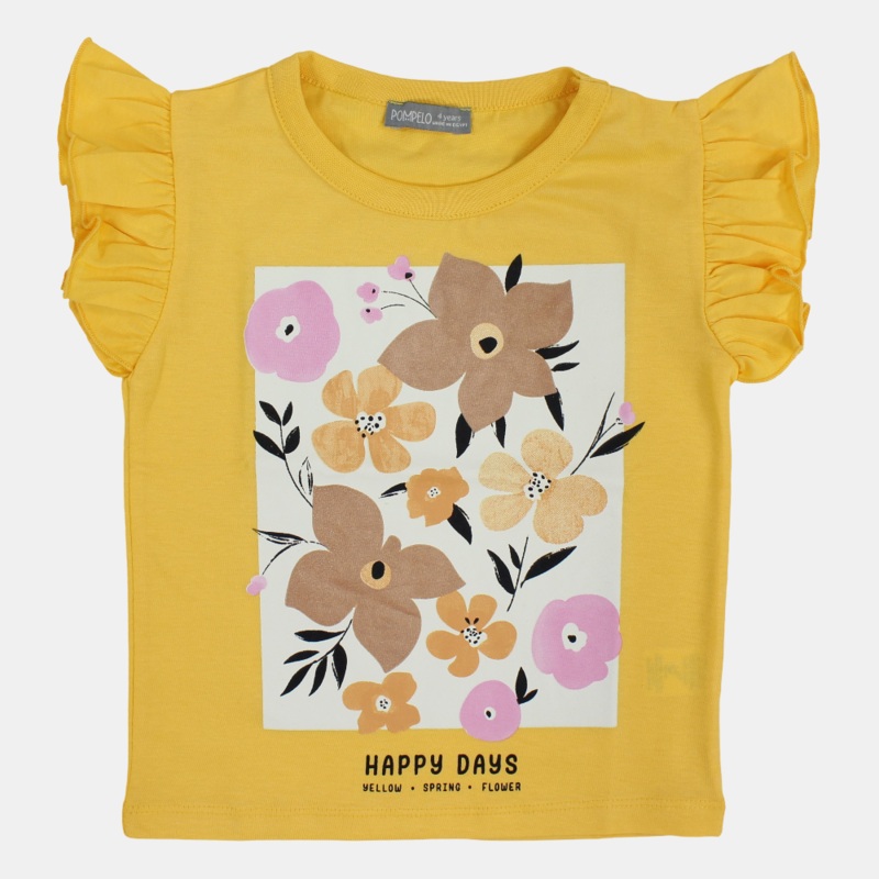 Girls Cotton Ruffled Shoulders T-Shirt  Yellow with a Flower Print