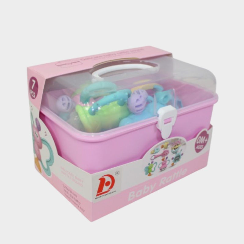 Baby Rattle Set  7 Different Shapes with Gentle Rattle Sounds (Pink)