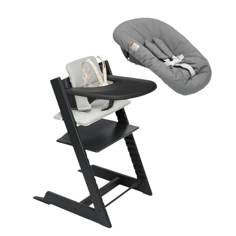 Tripp Trapp High Chair 2 Black, Nordic Grey Cush, Anthracite NewBorn Set, Tray
