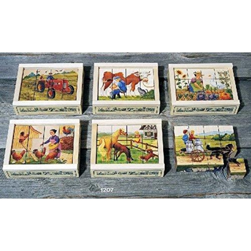Atelier Fischer Wooden Block Cube Puzzle in Wooden Case – Farm Scenes (12 Pieces)