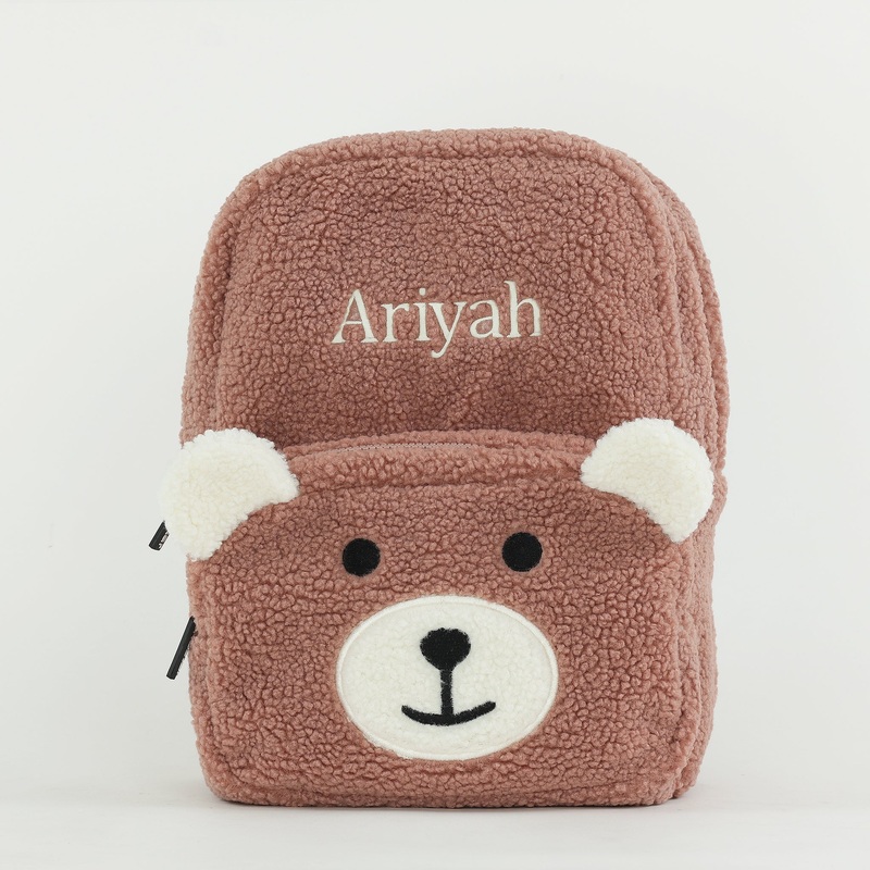 Personalised Kids Fluffy Teddy Backpack – Dusty Pink