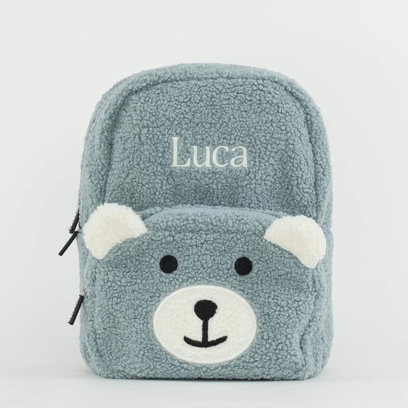 Personalised Kids Fluffy Teddy Backpack – Dusty Blue