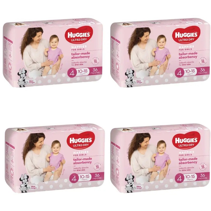 Huggies Ultra Dry – Size 4 VALUE BOX (10-15kg) GIRLS 144 Nappies