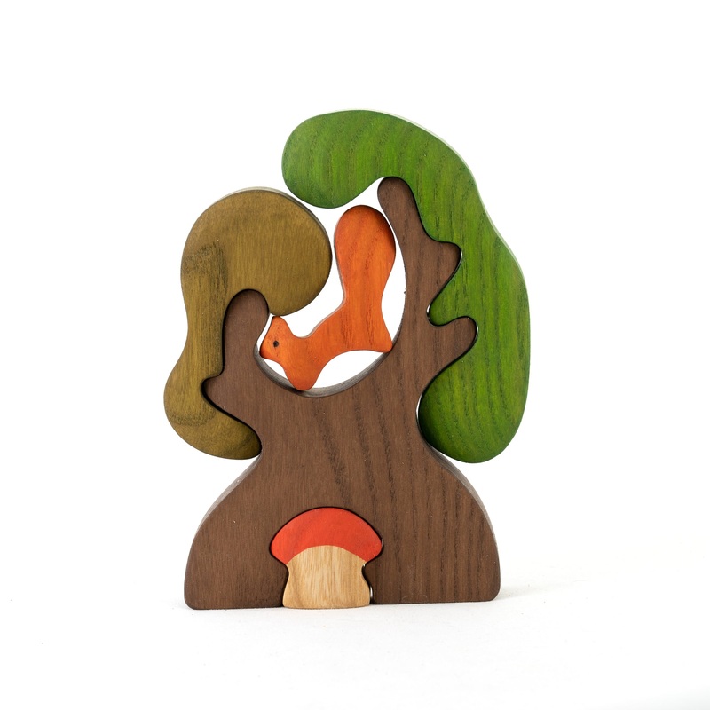 Wooden Puzzle – Tree with Squirrel and Mushroom