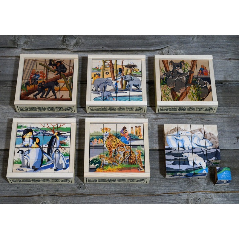 Atelier Fischer Wooden Block Cube Puzzle in Wooden Case – Wild Animals (16 Pieces)