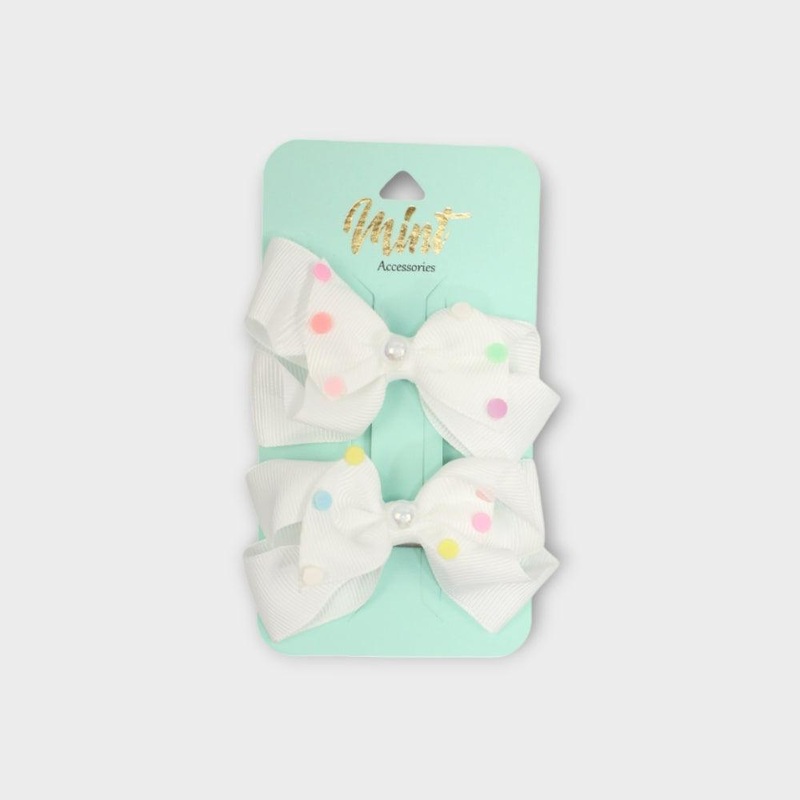White Bow Hair Pin With Colored Dots (Pack Of 2)