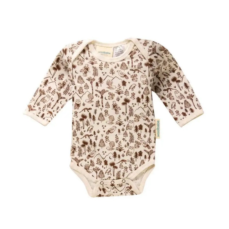 Woolbabe Long Sleeve Bodysuit – Natural Bark Wilderness