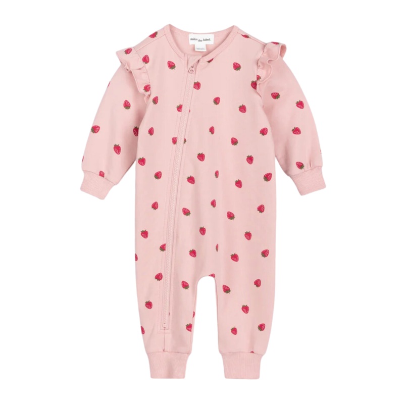 Baby Girls’ Zipsuit – Strawberry Print on Rose by miles the label. – FINAL SALE