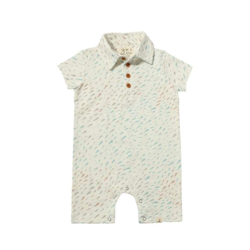 Drift Printed Polo Romper – Beige/Blue Fish by Me & Henry