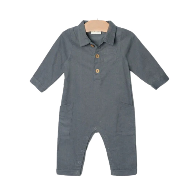 Collar Long Leg Romper – Baby Corduroy Granite by City Mouse – FINAL SALE