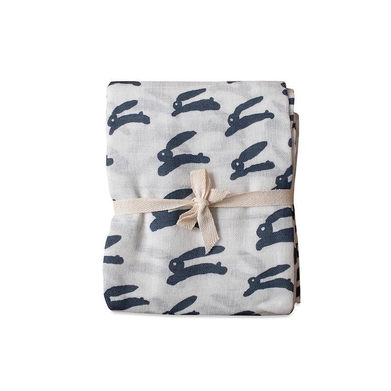 100% Organic Rabbit Muslin Blanket, White/Night Blue by Fine Little Day
