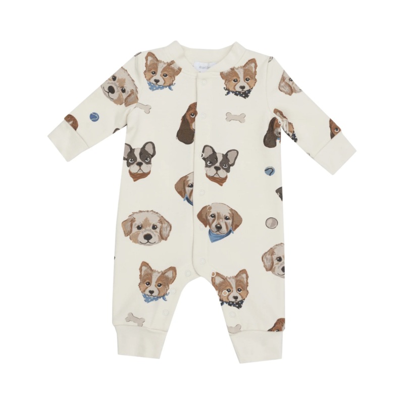 French Terry Baseball Collar Romper – Vintage Puppy Faces by Angel Dear