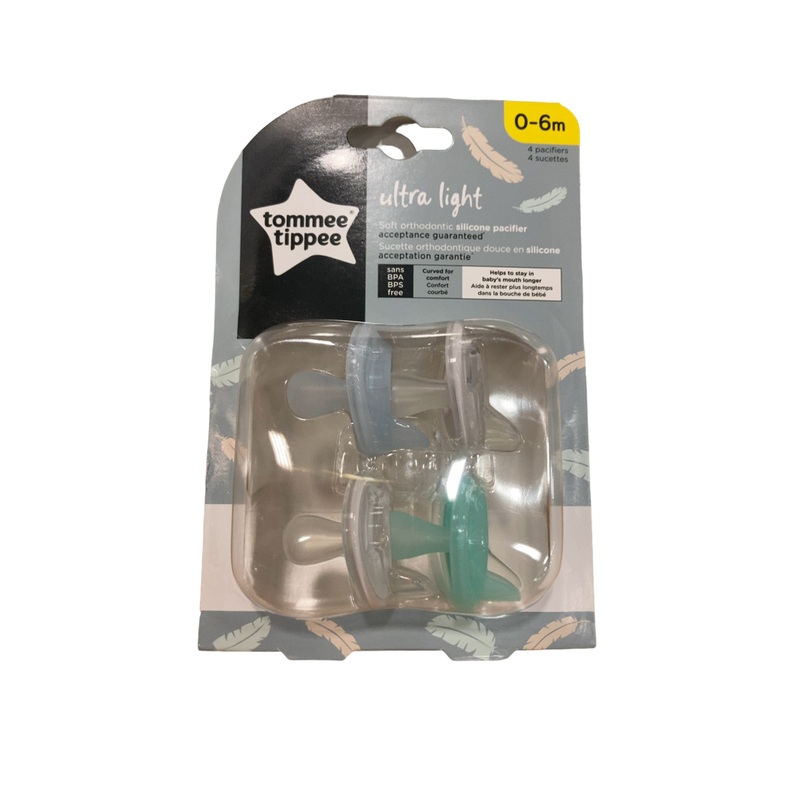 Tommee Tippee Ultra Light Silicone Pacifiers, 0-6 Months, 4 Pack, Soft Blue/Green/Clear