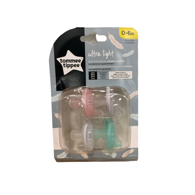 Tommee Tippee Ultra Light Silicone Pacifiers, 0-6 Months, 4 Pack, Clear/Green/Pink