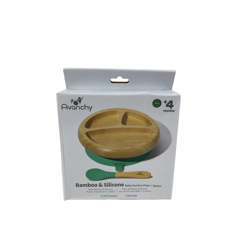 Avanchy Bamboo Suction Baby Plate and Spoon, Green
