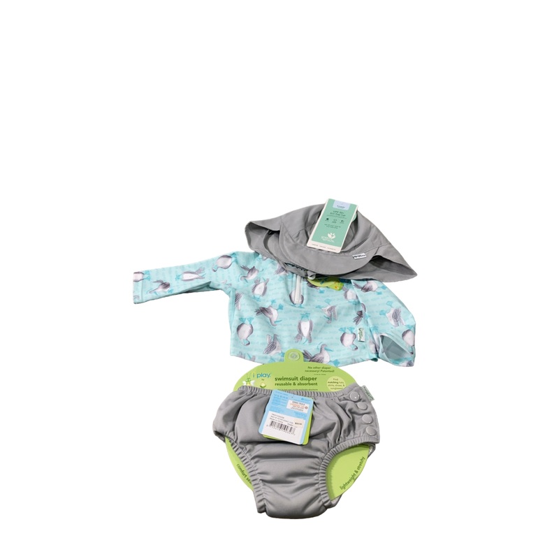 Green Sprouts UPF 50+ Snap Swim Diaper & Rashguard Set with Brim Hat, Gray/Light Aqua Blue
