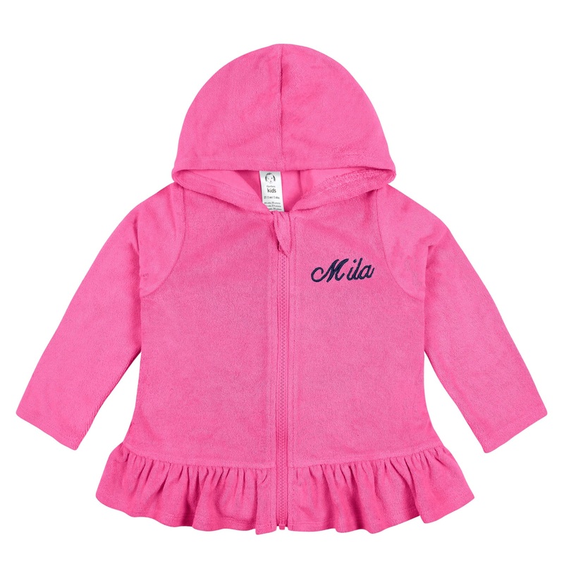 Embroidered Baby & Toddler Girls Pink Hooded Zip Front Terry Swim Coverup