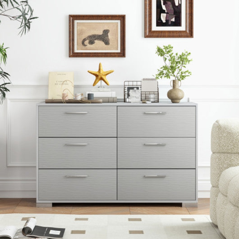 6 Drawer Storage Cabinet With Metal Legs Handles With Anti-Toppling Devices-Grey