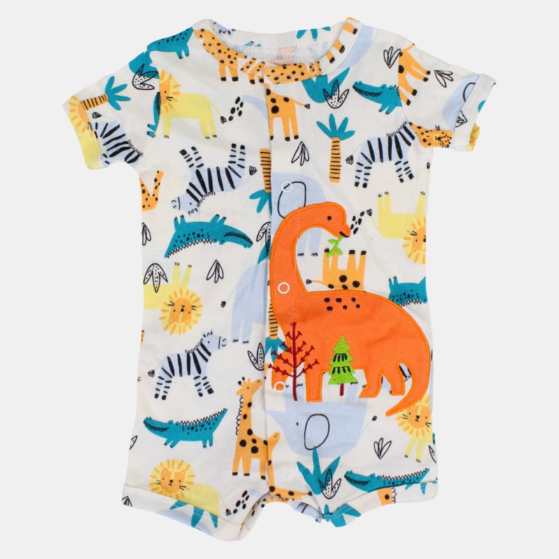 Baby Boys Cotton Romper  Off-White with Wild Animals Print