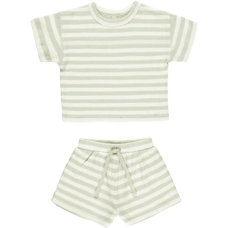 Quincy Mae Waffle Tee + Short Set || Mint Stripe