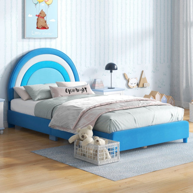 Twin Bed Frame With Height-Adjustable Headboard and Sturdy Wooden Slats-Blue