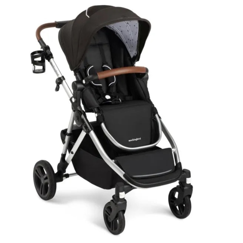 Single-to-Double Stroller 2.0 + Cup Holder – Black with Watercolor Interior Pattern