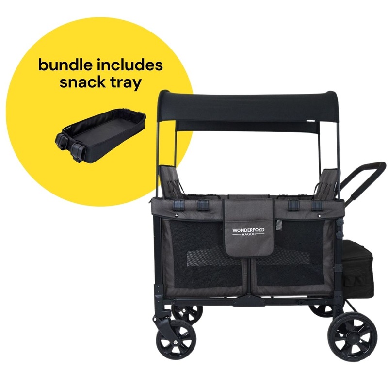 WonderFold W4 Original Quad (4 Seater) Stroller Wagon + Snack Tray Bundle – Black