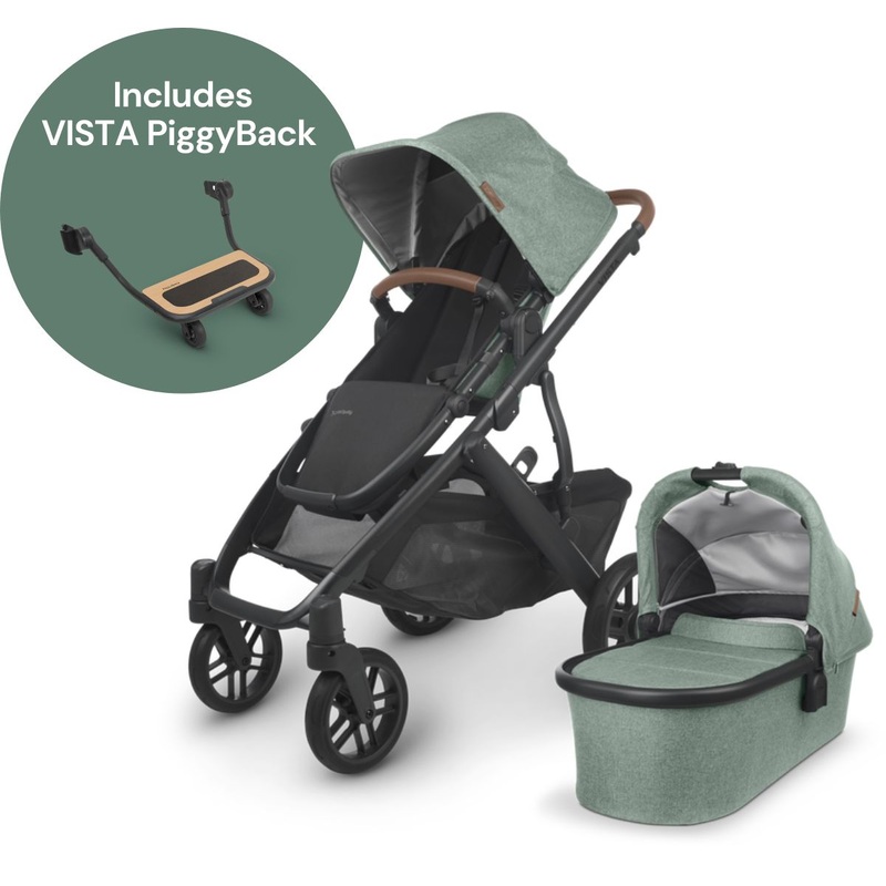 UPPAbaby VISTA V2 Single-to-Double Stroller + PiggyBack Ride-Along Bundle – Gwen (Green Melange / Carbon / Saddle Leather)