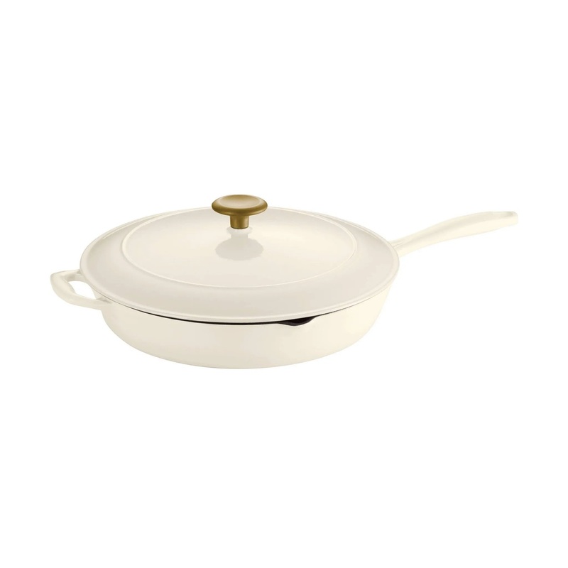 12″ Enameled Cast Iron Covered Skillet – Latte: Oven Safe, Porcelain Enamel, Smooth Surface Compatible