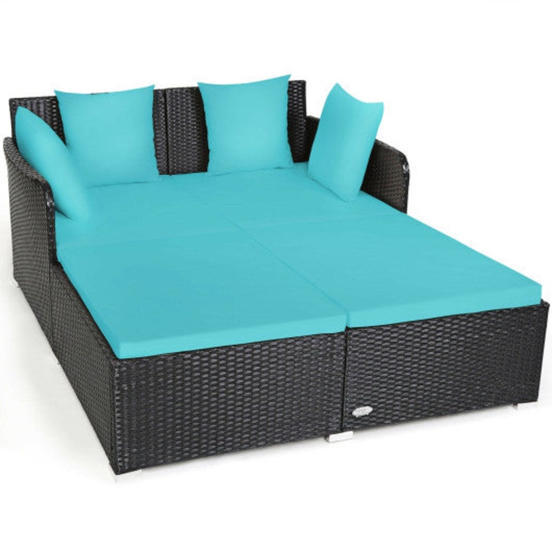 Spacious Outdoor Rattan Daybed With Upholstered Cushions and Pillows-Turquoise