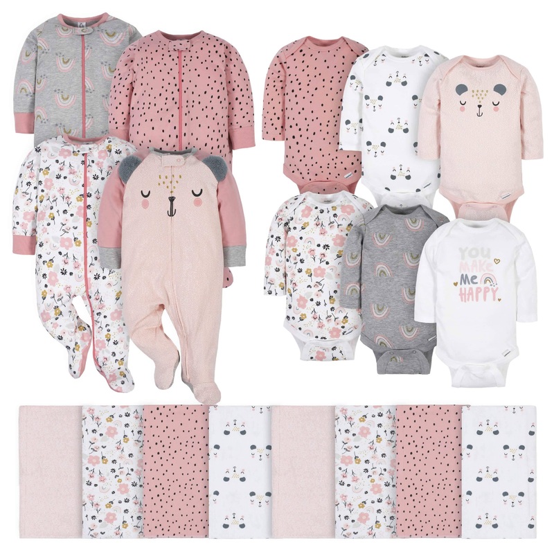 18-Piece Baby Girls Bear Sleep ‘N Play, Onesies Bodysuit, and Burpcloth Set