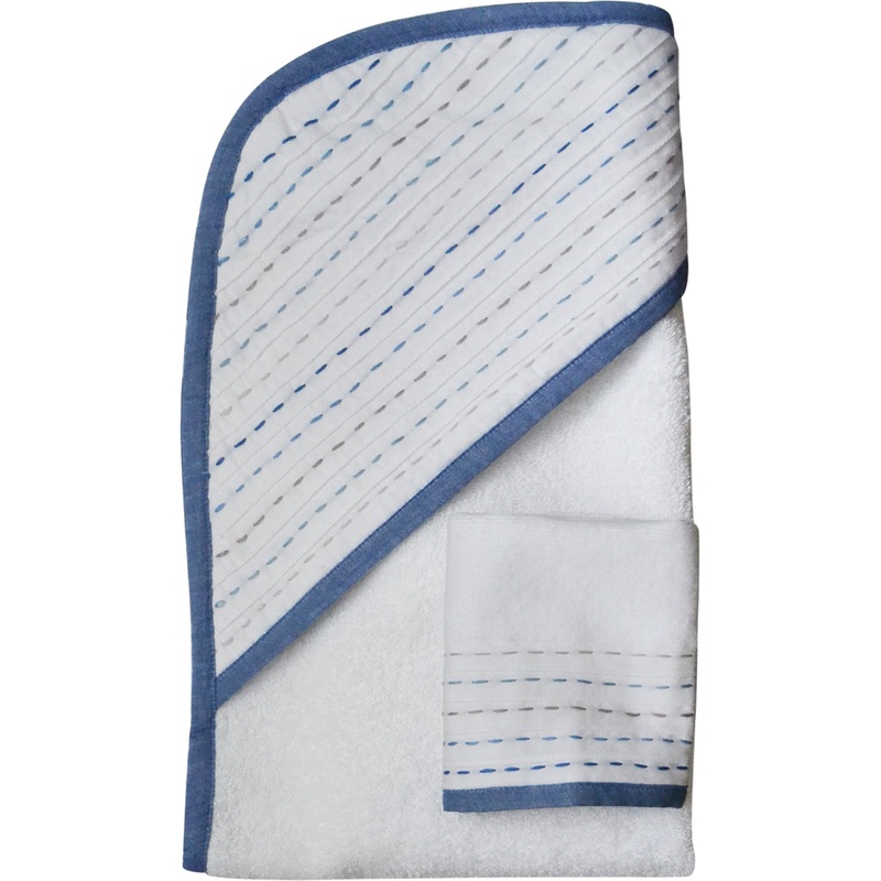 Hello Spud Organic Cotton Hooded Towel and Washcloth Set – Diagonal Pintuck Blue-Gray