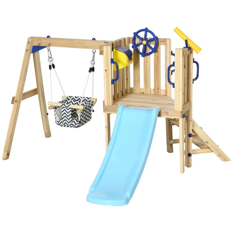 Outsunny Wooden Swing Set for Backyard, Toddler Outdoor Playset with Baby Swing Seat, Kids Slide, Fort, Playground Equipment with Captain’s Wheel, Telescope for Ages 1.5-4, Natural