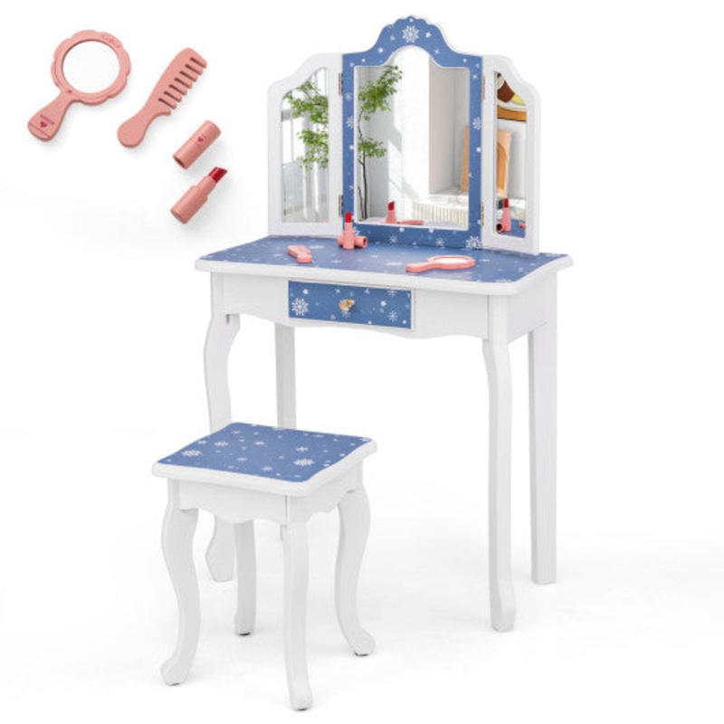 Princess Pretend Play Makeup Table and Stool Set With Tri-Folding Mirror-Blue