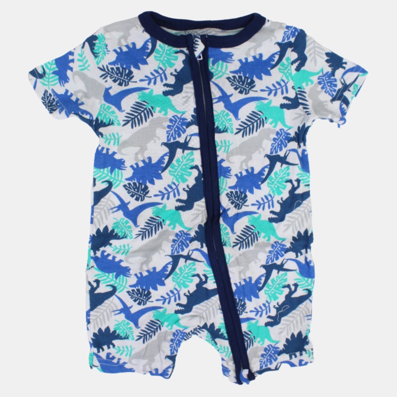 Baby Boys Cotton Romper  White with Dinosaur and Leaf Print and Zipper Detail