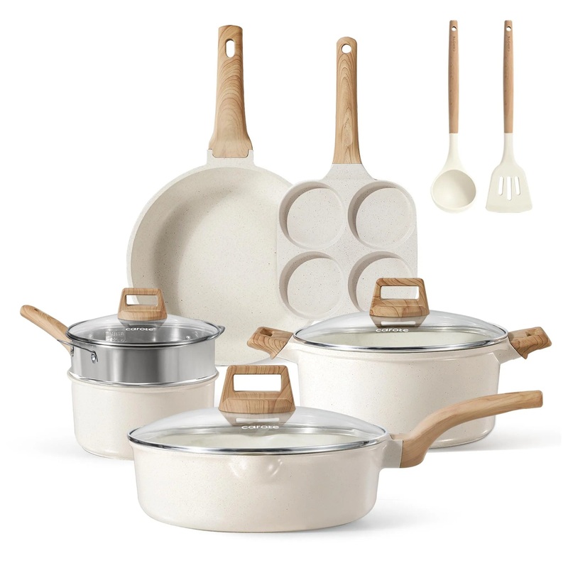 11piece Kitchen Essentials Non Stick Cooking Set- White Granite