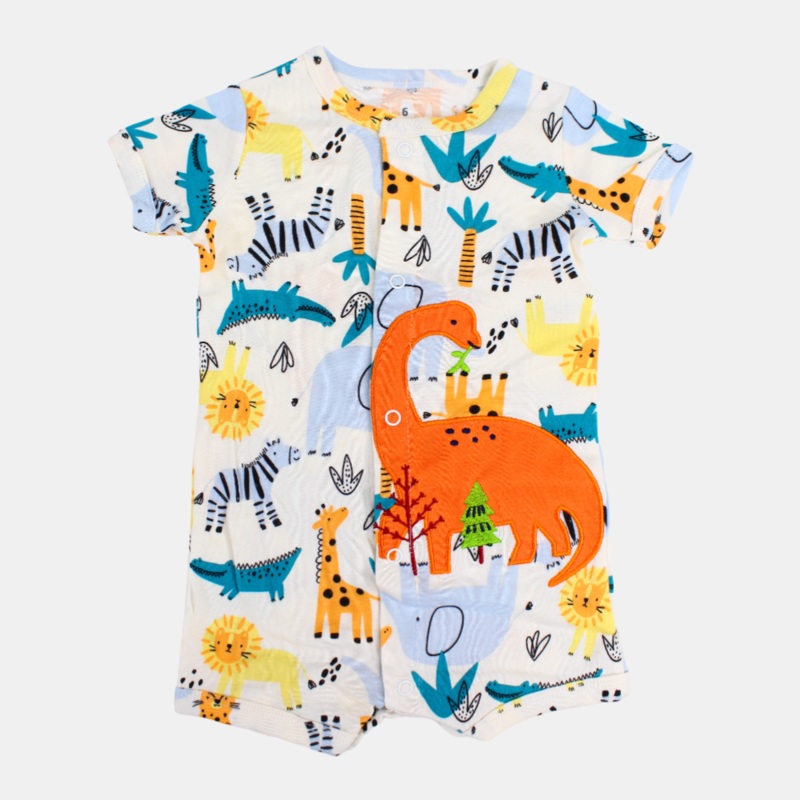 Baby Boys Cotton Romper  Off-White with Dinosaur & Animals Print