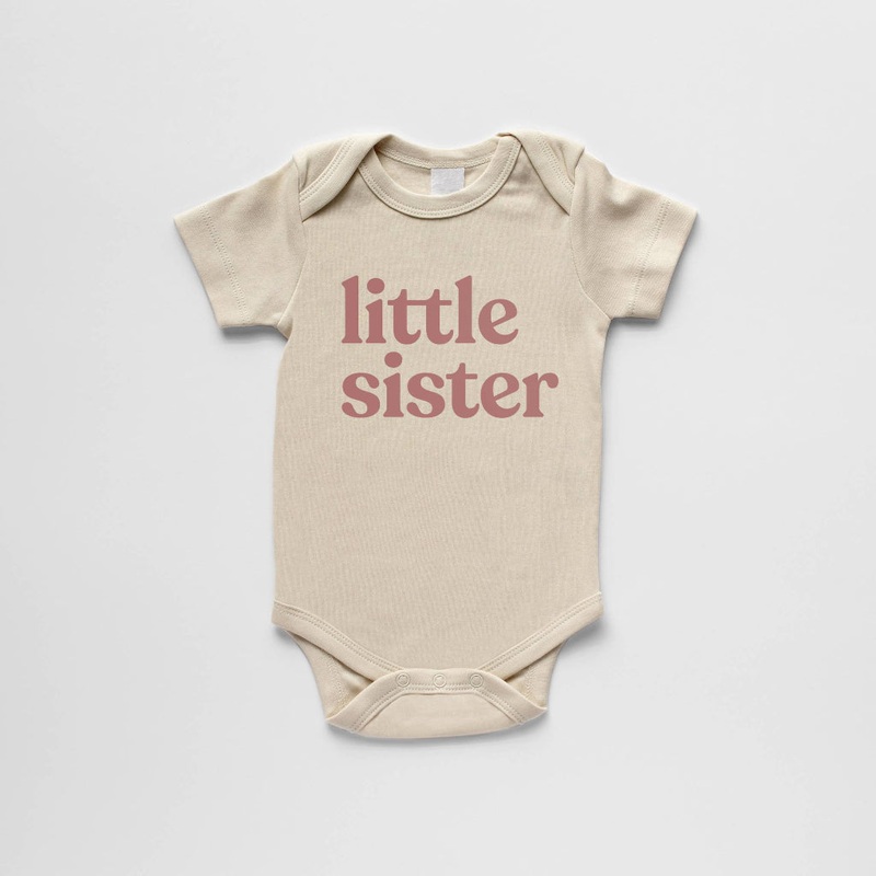 Organic Little Sister Short-Sleeved Baby Bodysuit – Cream with Mauve Ink 0-3 months