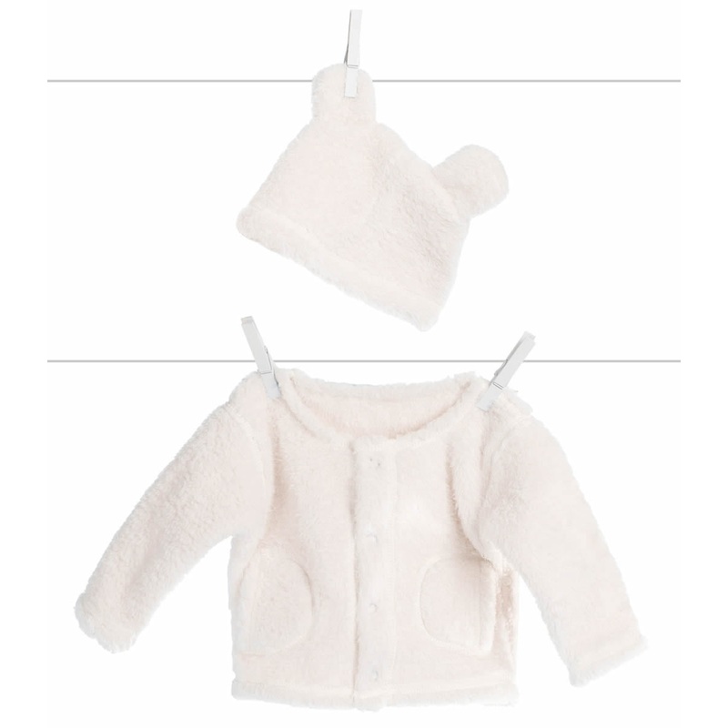 Little Giraffe Warm & Fuzzy Cardigan + Cap in Blue, 6-9 Months in Cream