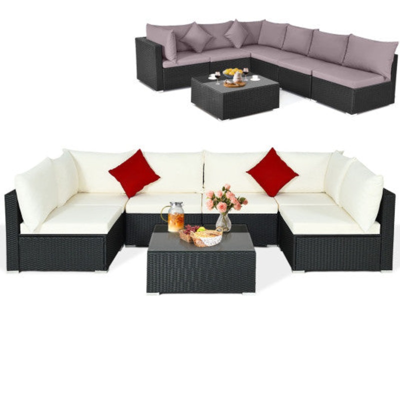 7 Pieces Sectional Wicker Furniture Sofa Set With Tempered Glass Top-Gray & Off White
