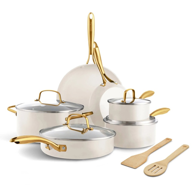 Studio 12pc Aluminum Ceramic Nonstick Cookware Set Linen: Lifetime Warranty, Dishwasher-Safe, Non-Induction