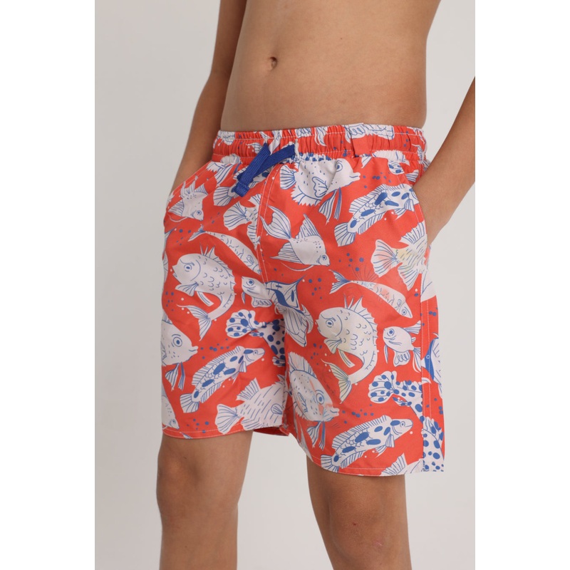 Boys Swimsuit  Red with Fish Print