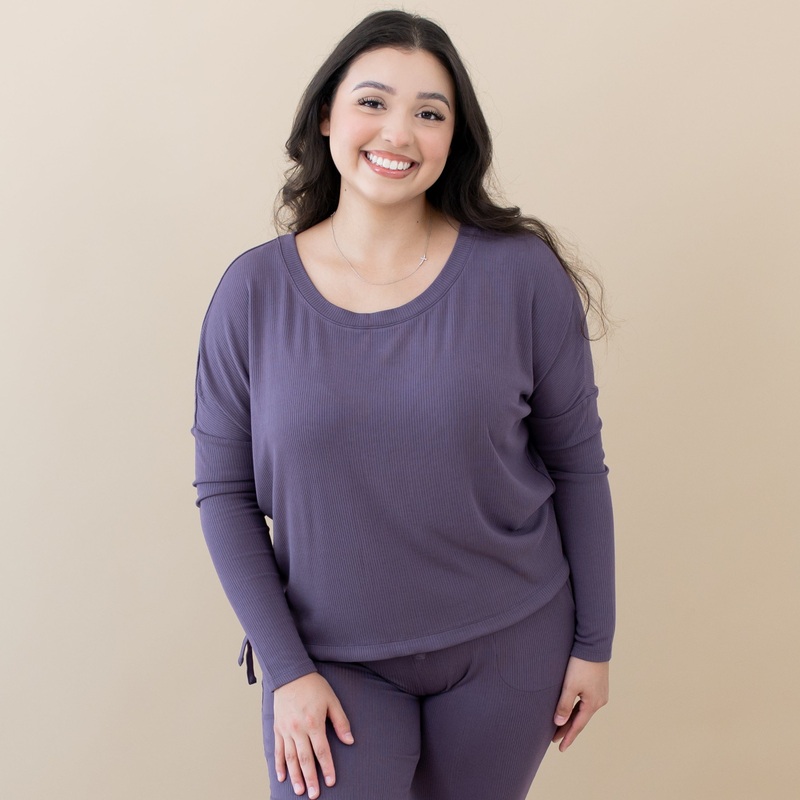 Women’s Ribbed Long Sleeve Drop Shoulder Top in Currant