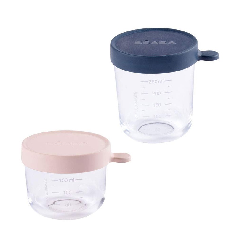 BEABA – Glass Portion Jars | Set of 2 | Pink/Dark Blue