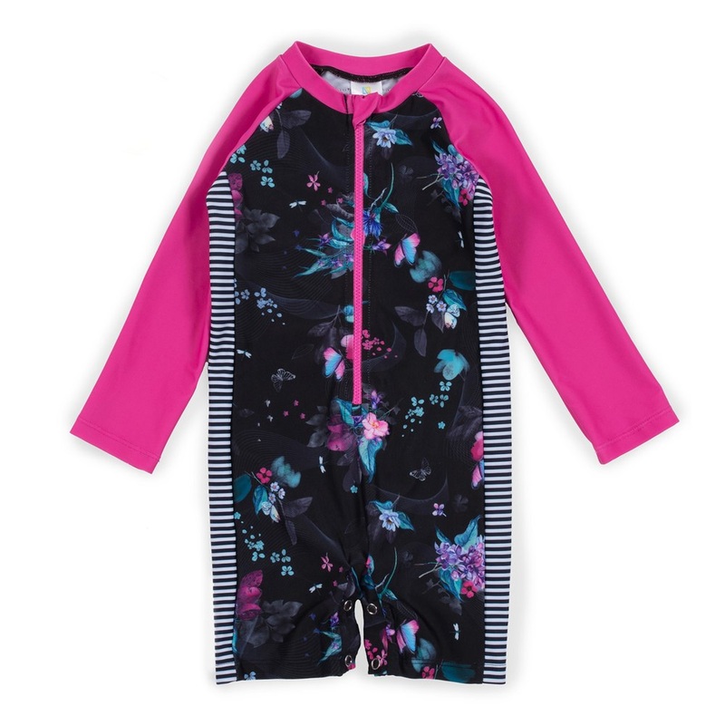 Nano One-Piece Rashguard Girls Long-Sleeve Swimsuit – Black/Fuchsia (18-24 Months)