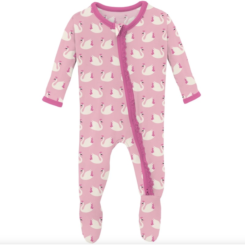KICKEE PANTS PRINT MUFFIN RUFFLE FOOTIE WITH 2 WAY ZIPPER – CAKE POP SWAN PRINCESS