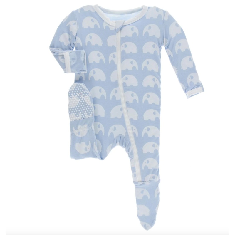 KICKEE PANTS PRINT FOOTIE WITH 2 WAY ZIPPER – POND ELEPHANT